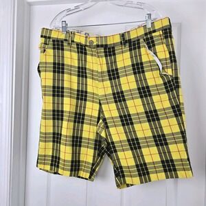Royal and Awesome Mens Golf Shorts Loud MacLeod Yellow Tartan Plaid Size 42‎